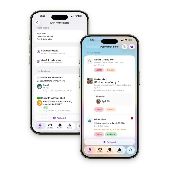 Screenshots of Polymarket Alerts app